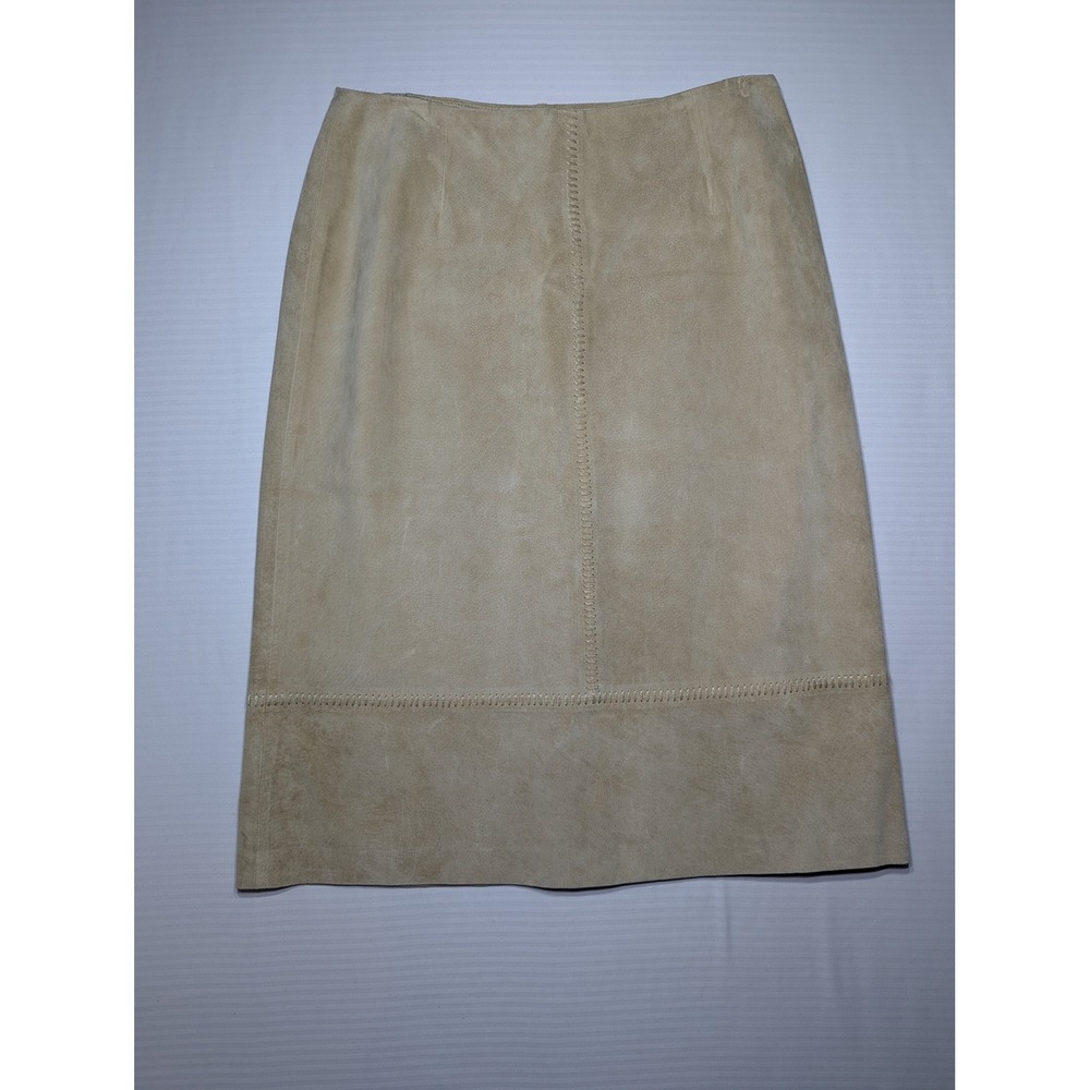 Ann Taylor Suede Leather Skirt Tan Neutral Midi Pencil Minimalist Capsule